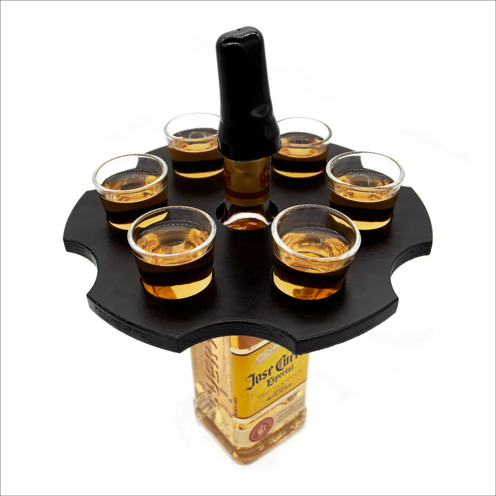 6-Shooter Wood Shot Glass Serving Tray and Bottle Topper - Black or Stained