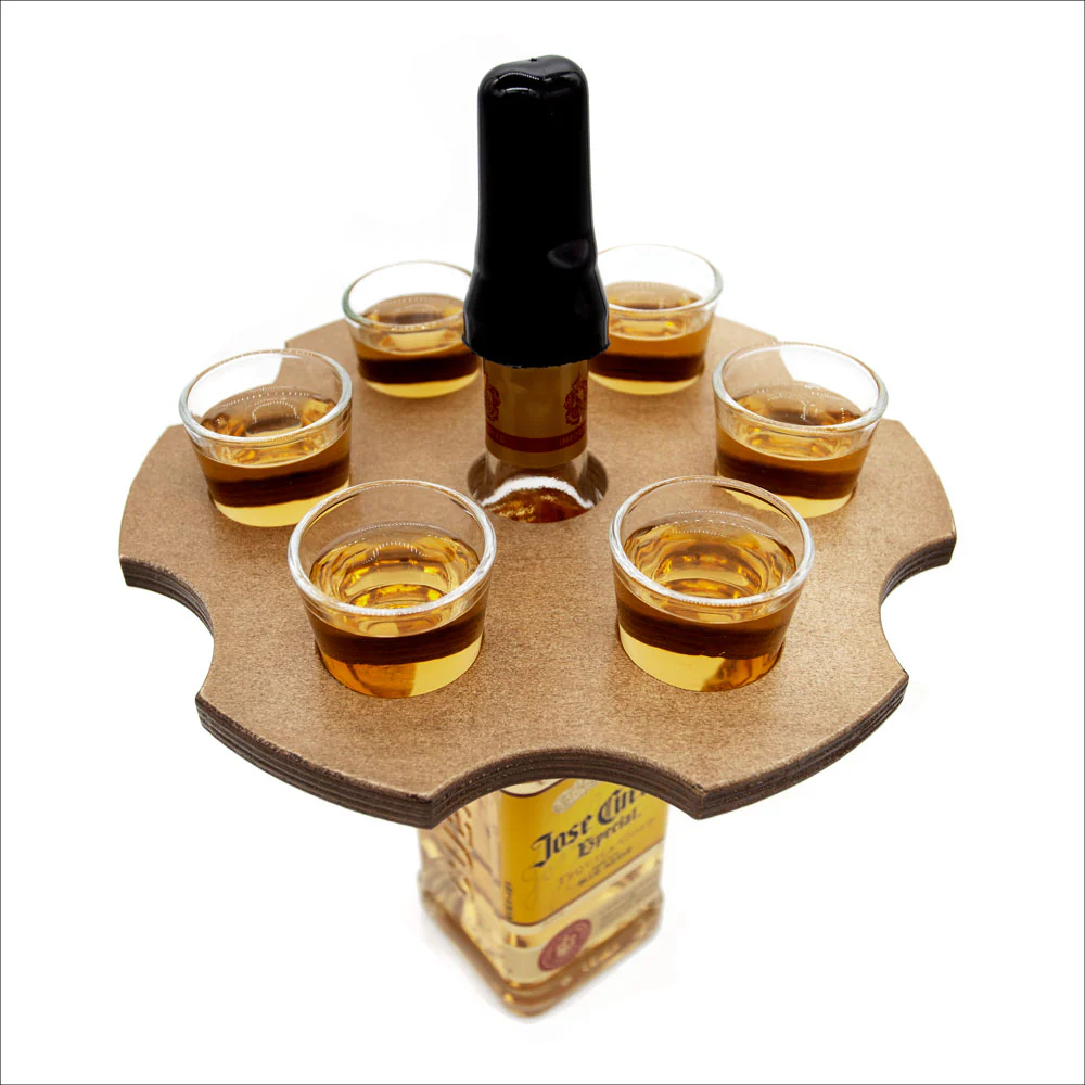 6-Shooter Wood Shot Glass Serving Tray and Bottle Topper - Black or Stained - Image 2