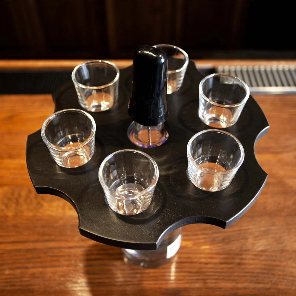 6-Shooter Wood Shot Glass Serving Tray and Bottle Topper - Black or Stained - Image 5