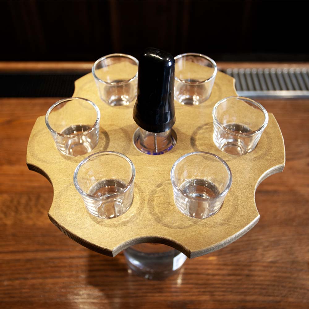 6-Shooter Wood Shot Glass Serving Tray and Bottle Topper - Black or Stained - Image 6