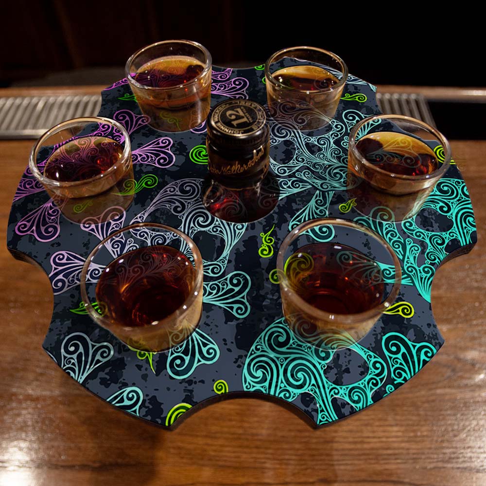 6-Shooter Wood Shot Glass Caddy Tray and Bottle Topper - "Large Skulls" - Image 2