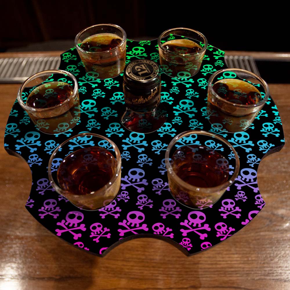 6-Shooter Wood Shot Glass Caddy Tray and Bottle Topper - "Skulls and Bones" - Image 2