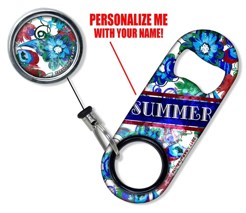 Add Your Name - Mini Bottle Opener with Retractable Reel - Grungy Floral