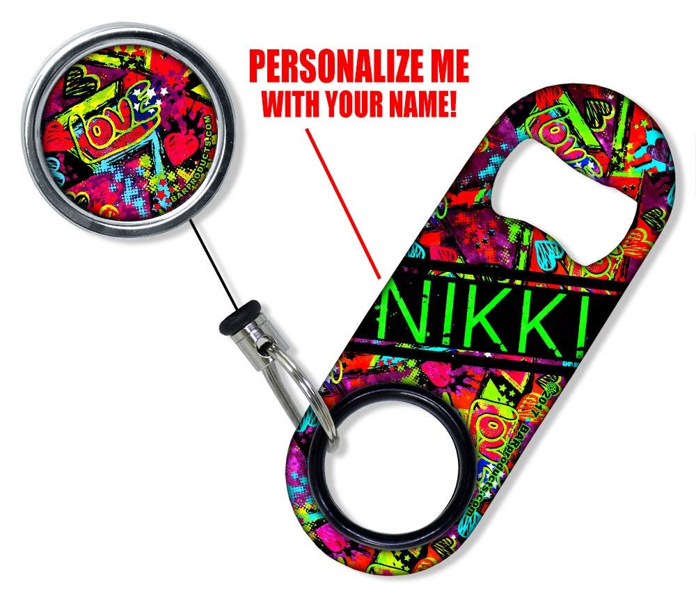 Add Your Name - Mini Bottle Opener with Retractable Reel - Grungy Love - Image 3