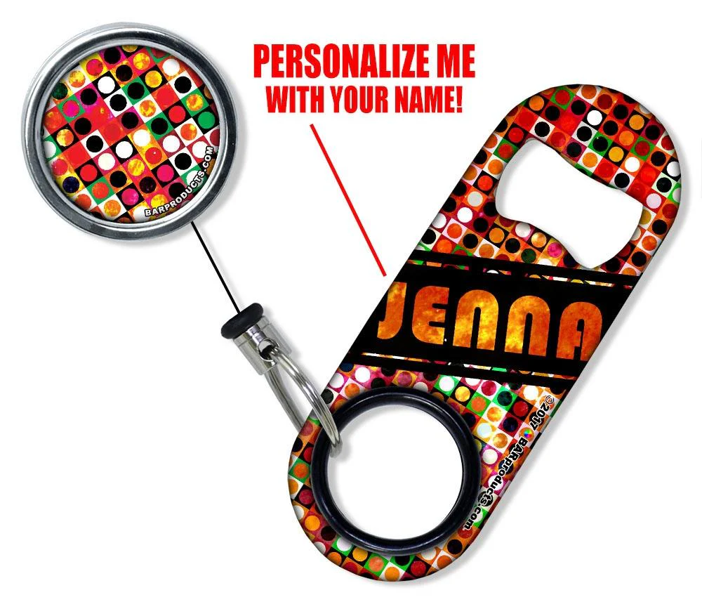 Add Your Name - Mini Bottle Opener with Retractable Reel - Grungy Retro Dots - Image 3