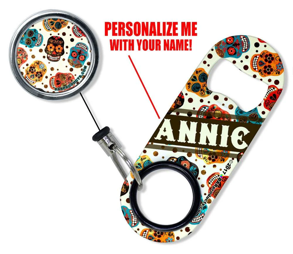 Add Your Name - Mini Bottle Opener with Retractable Reel - Mexican Skulls - Image 3