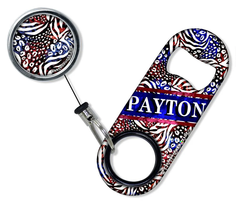 Add Your Name - Mini Bottle Opener with Retractable Reel - Patriotic Cheetah