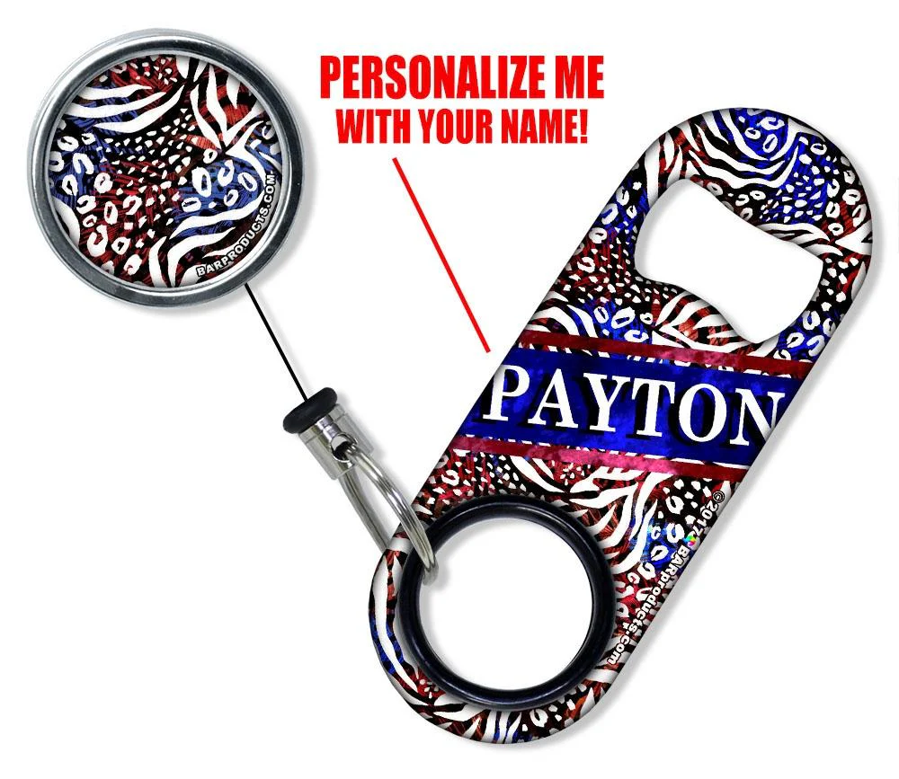Add Your Name - Mini Bottle Opener with Retractable Reel - Patriotic Cheetah - Image 3