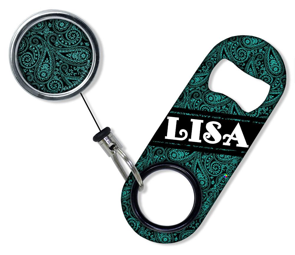 Add Your Name - Mini Bottle Opener with Retractable Reel - Teal Paisley
