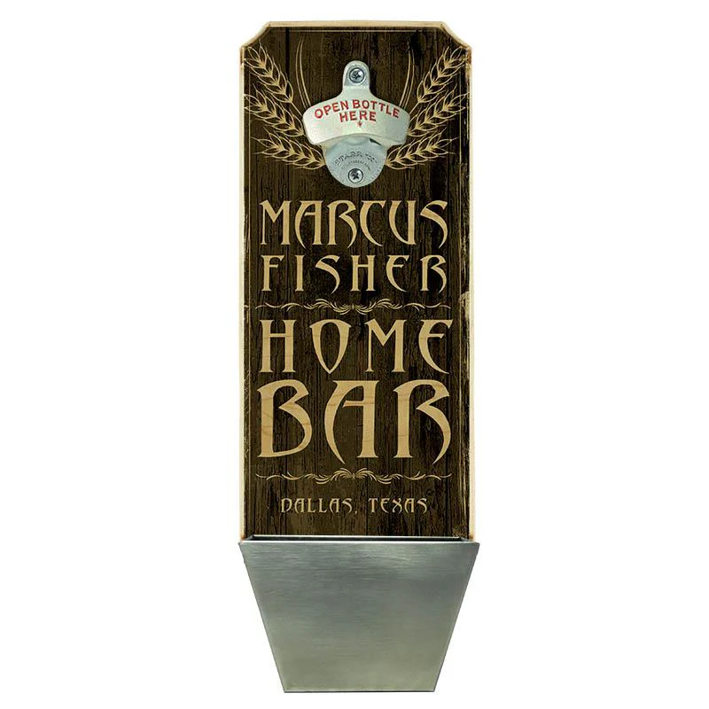 Add Your Name - Wall Mounted Wood Plaque Bottle Opener & Cap Catcher - Home Bar