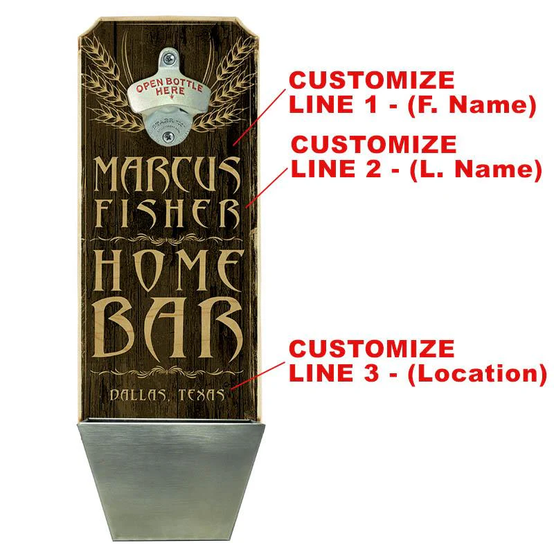 Add Your Name - Wall Mounted Wood Plaque Bottle Opener & Cap Catcher - Home Bar - Image 2