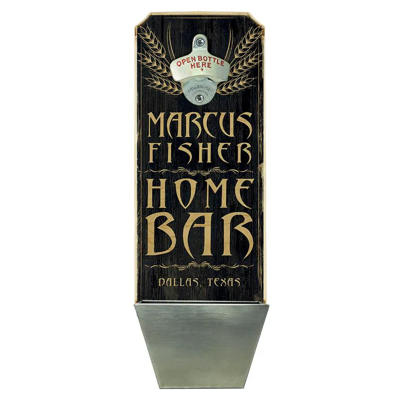 Add Your Name - Wall Mounted Wood Plaque Bottle Opener & Cap Catcher - Home Bar - Image 3