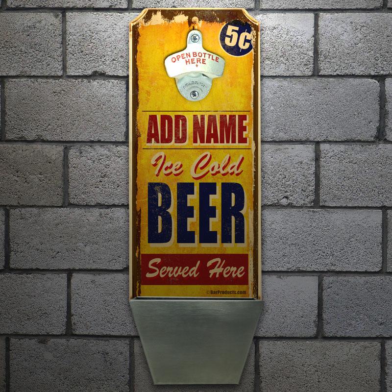 Add Your Name - Wall Mounted Wood Plaque Bottle Opener & Cap Catcher - Vintage Ice Cold Beer - Image 3