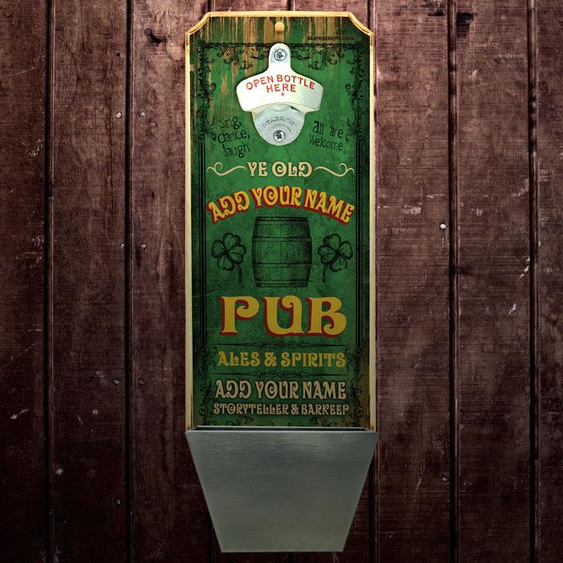 Add Your Name - Wall Mounted Wood Plaque Bottle Opener & Cap Catcher - Vintage Irish Pub - Image 3