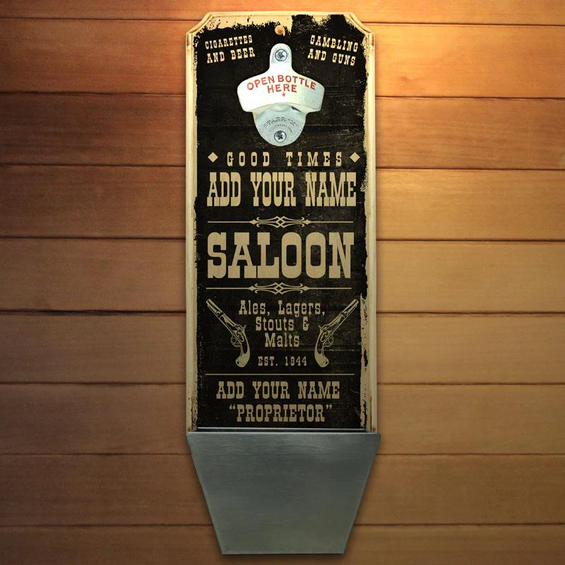 Add Your Name - Wall Mounted Wood Plaque Bottle Opener & Cap Catcher - Vintage Saloon - Image 3