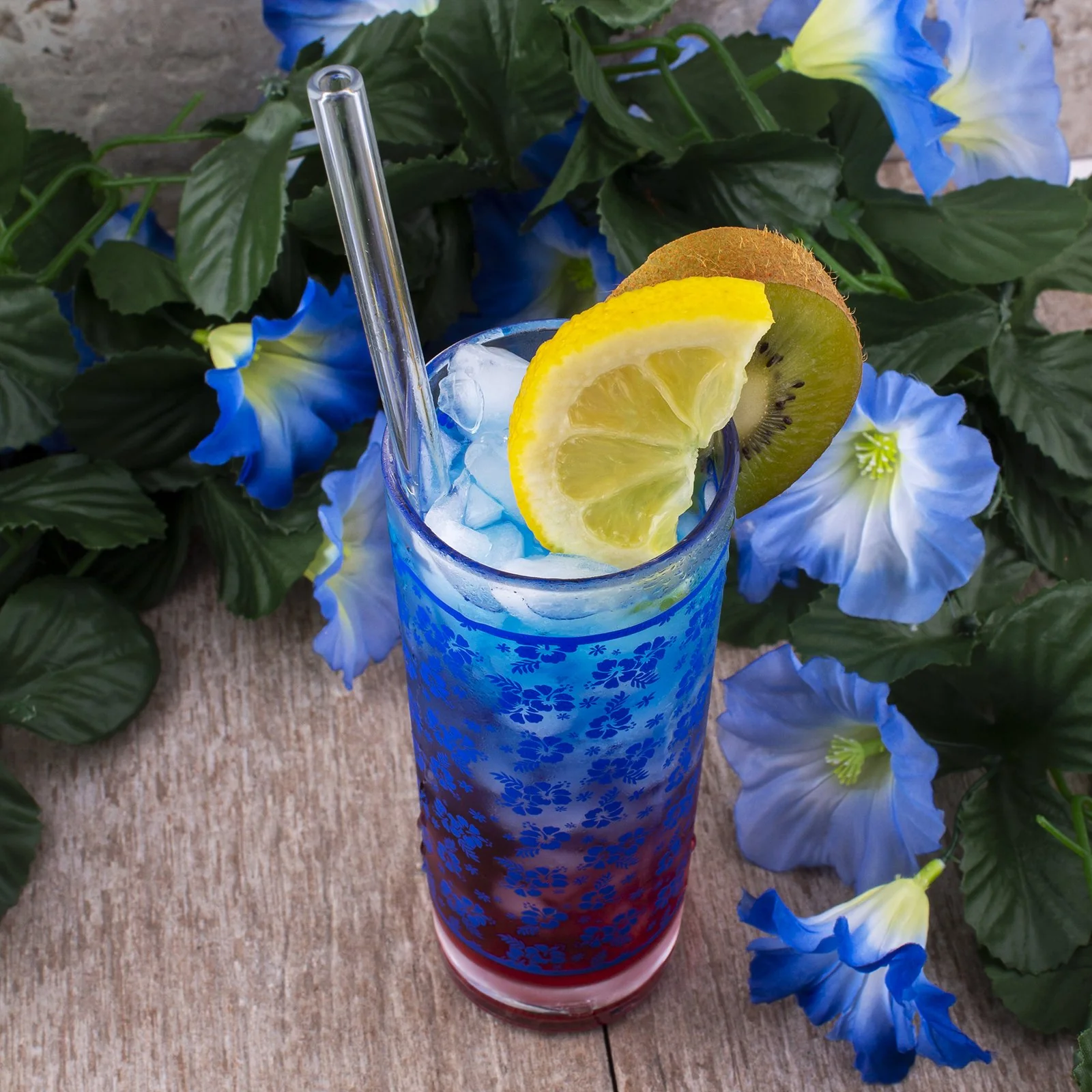 BarConic® Blue Hibiscus Pattern Highball Glass - 9.5 oz - Image 2