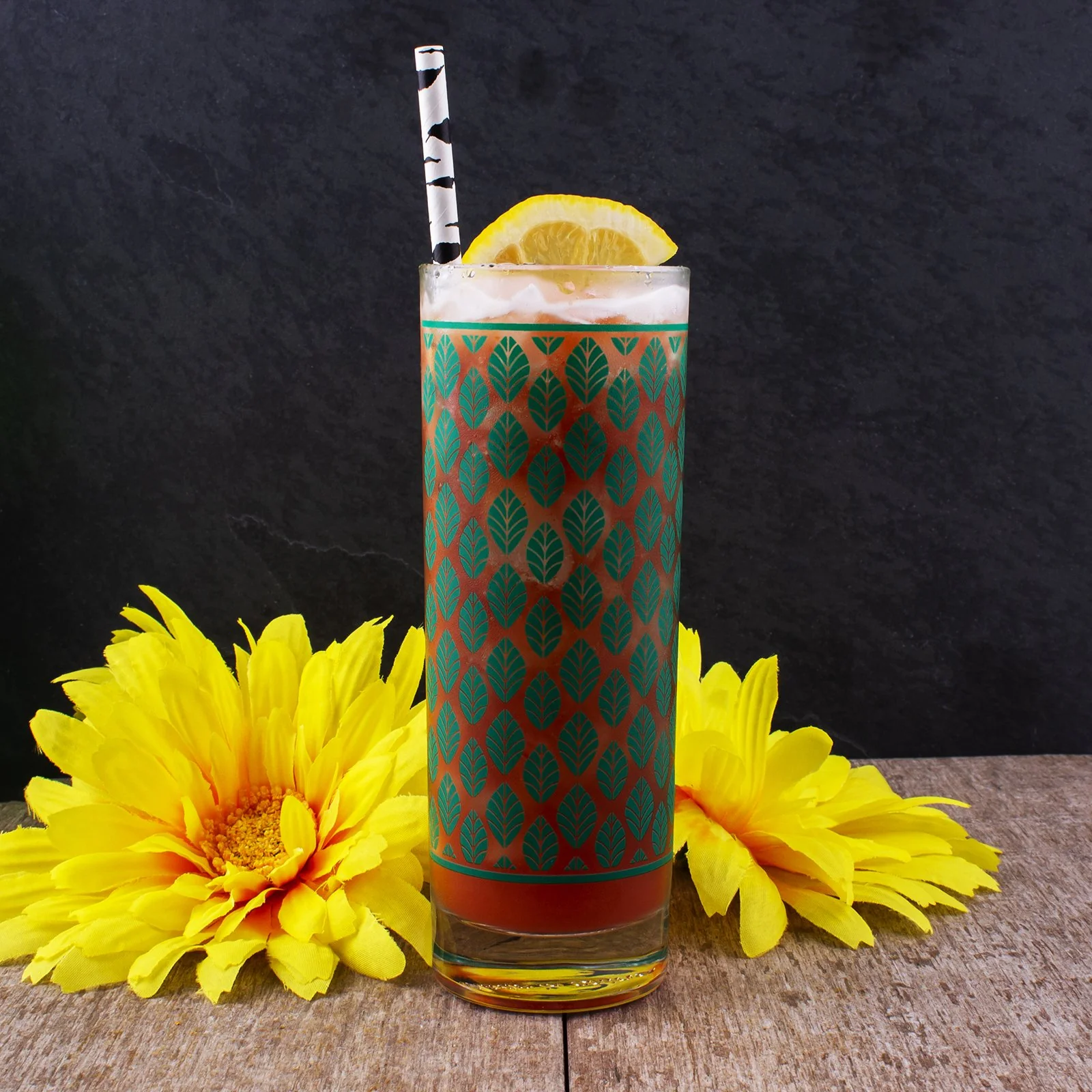 BarConic® Dark Green Retro Leaves Pattern Highball Glass - 9.5 oz - Image 3