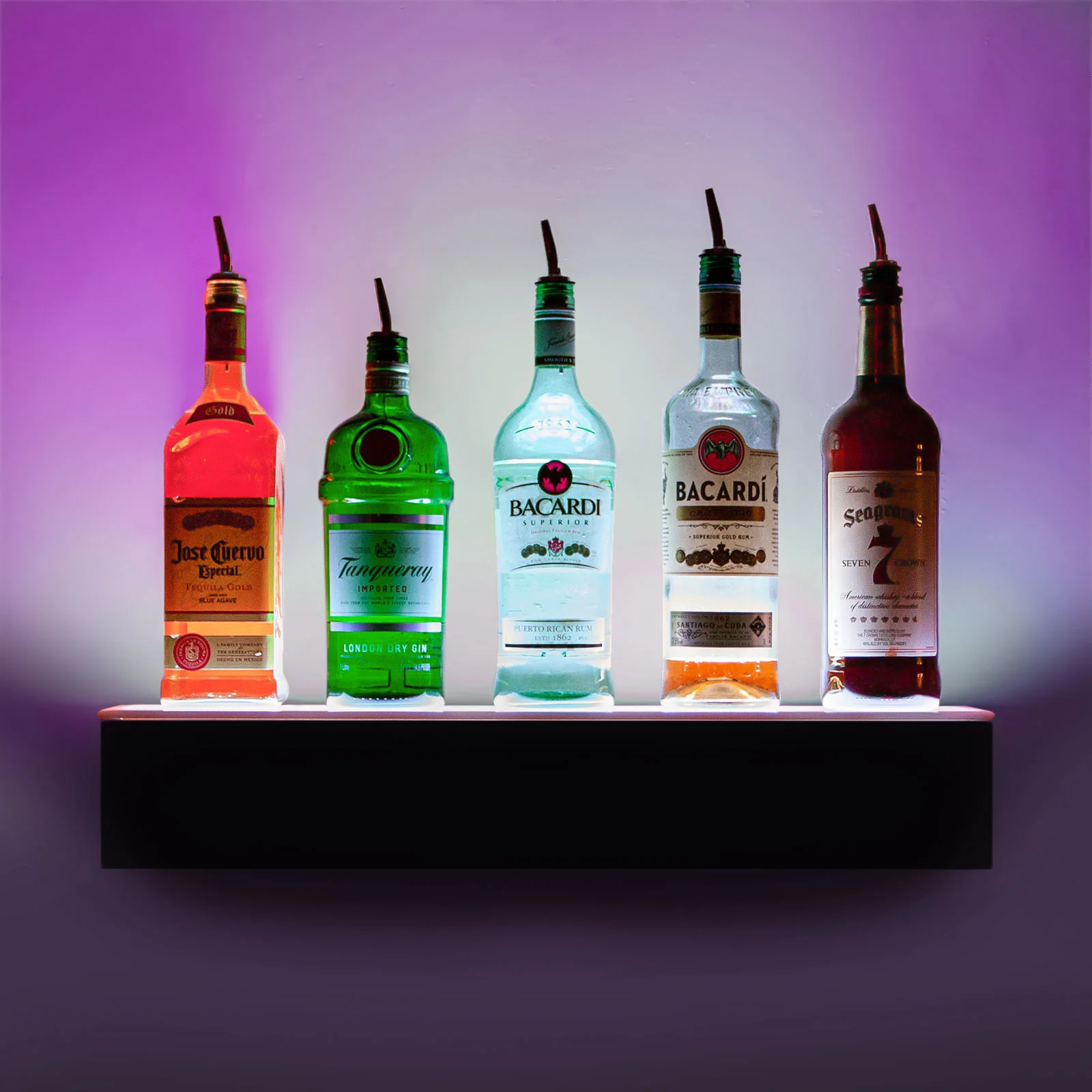 Barconic® Wall Mount Floating LED Liquor Bottle Display Shelf - 1 Tier (Step) - Black - Multi-Colored Lights - Several Lengths - Image 2