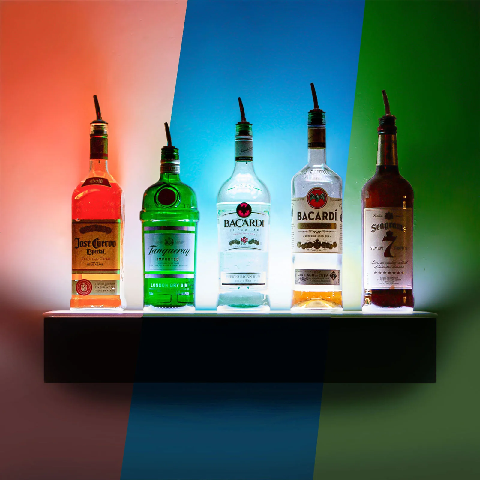 Barconic® Wall Mount Floating LED Liquor Bottle Display Shelf - 1 Tier (Step) - Black - Multi-Colored Lights - Several Lengths - Image 3