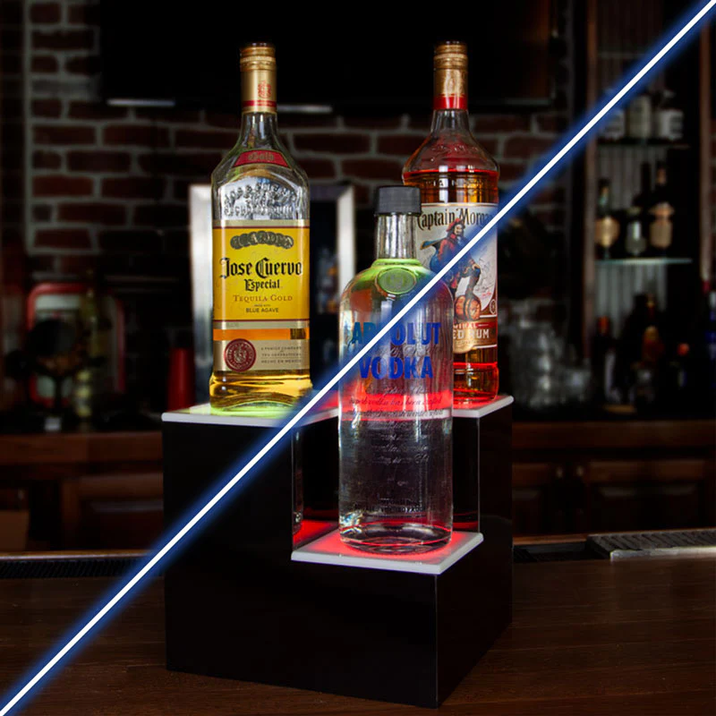 BarConic® LED Liquor Bottle Display Shelf - Inside Corner - 2 Steps - Black - Image 4