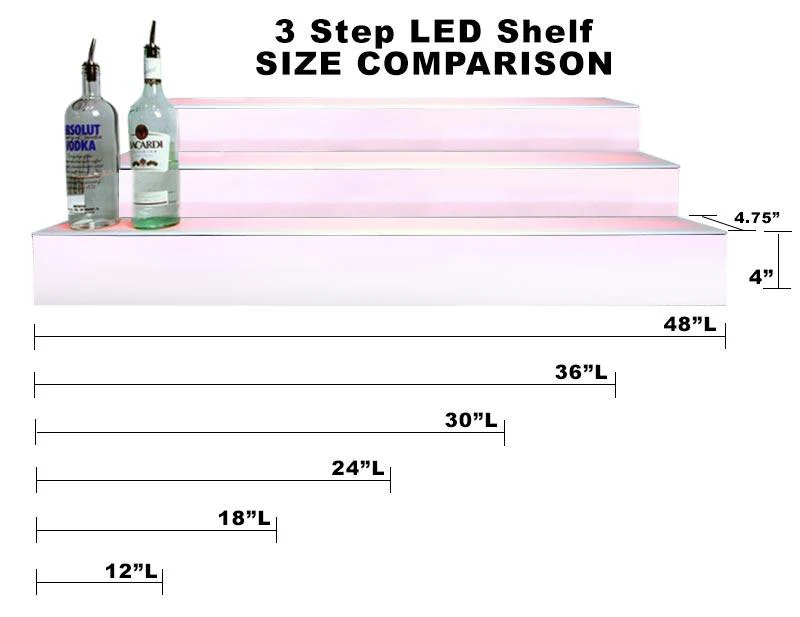 BarConic® LED Liquor Bottle Display Shelf - 3 Steps - Polished Mirrored Metal - Several Lengths - Image 4