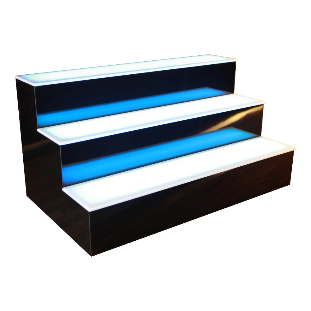 BarConic® LED Liquor Bottle Display Shelf - 3 Tier (Step) - Black - Multi-Colored Lights