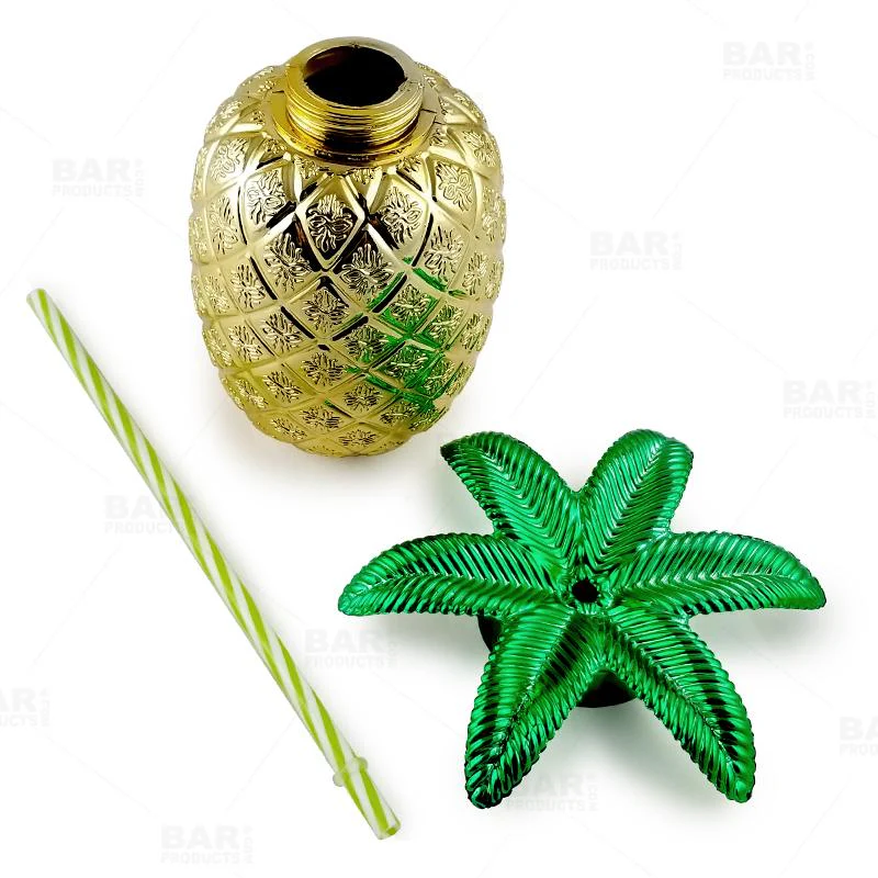 BarConic® Plastic Gold Pineapple Drinking Cup w/ Lid and Straw - 24oz - Image 4