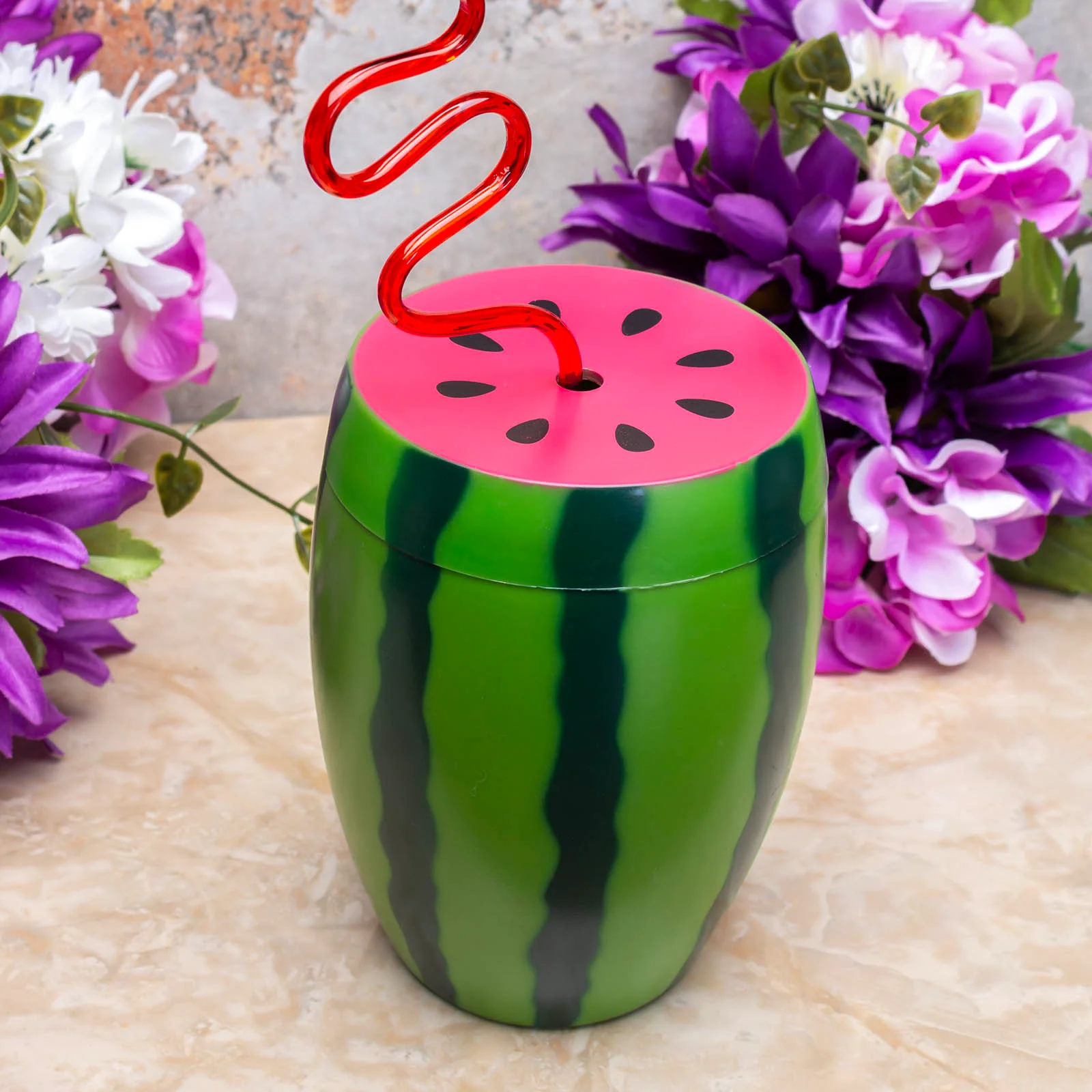 BarConic® Plastic Watermelon Drinking Cup w/ Twisty Straw and Lid - 28oz - Image 5