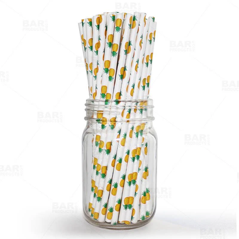 BarConic® Biodegradable Pineapple Pattern Paper Straws - 7 3/4" - 100 Pack