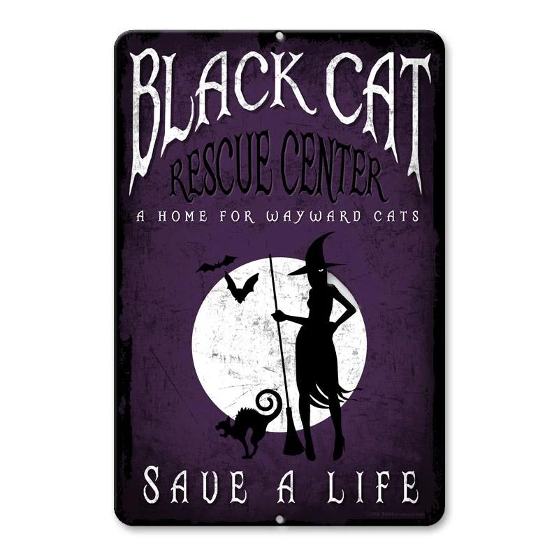 Black Cat Rescue - Halloween Metal Bar Sign - 12" x 18"