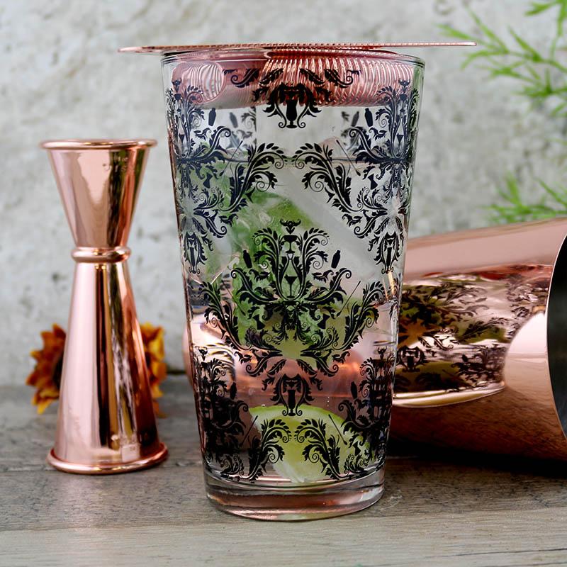 Black Cocktail Themed Damask Mixing Glass - 16oz - Image 2
