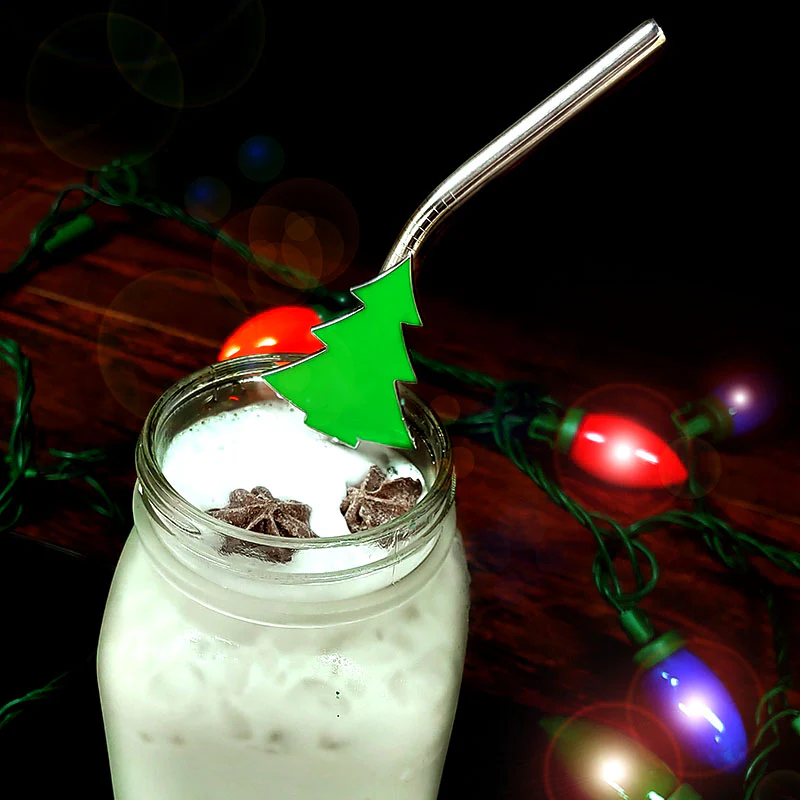 Christmas Tree Pendant Straws w/ Brush - Stainless Steel - Set of 2 - Image 2