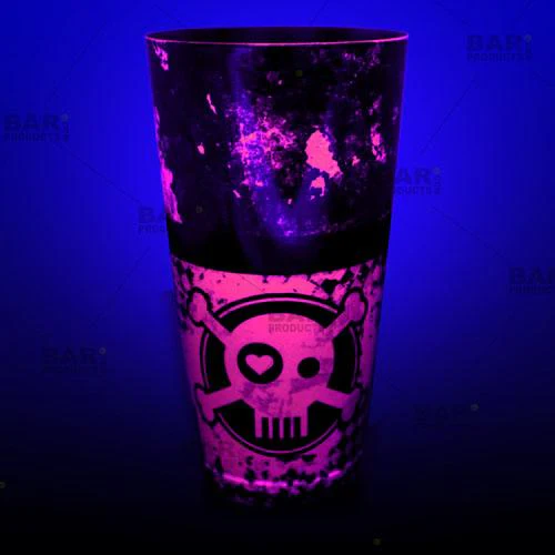 Printed Cocktail Shaker Tin - NEON Pink Checkered Skull - 28 ounce Weighted - Image 2
