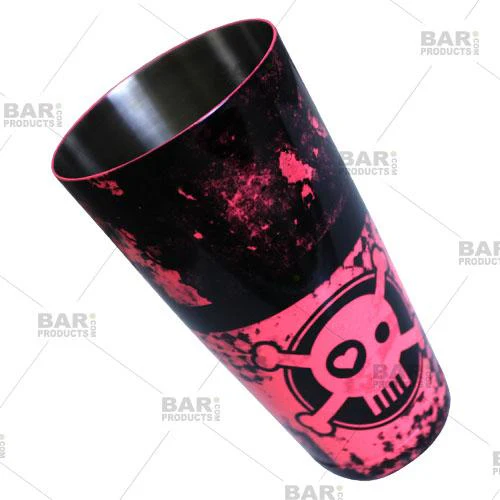Printed Cocktail Shaker Tin - NEON Pink Checkered Skull - 28 ounce Weighted - Image 3