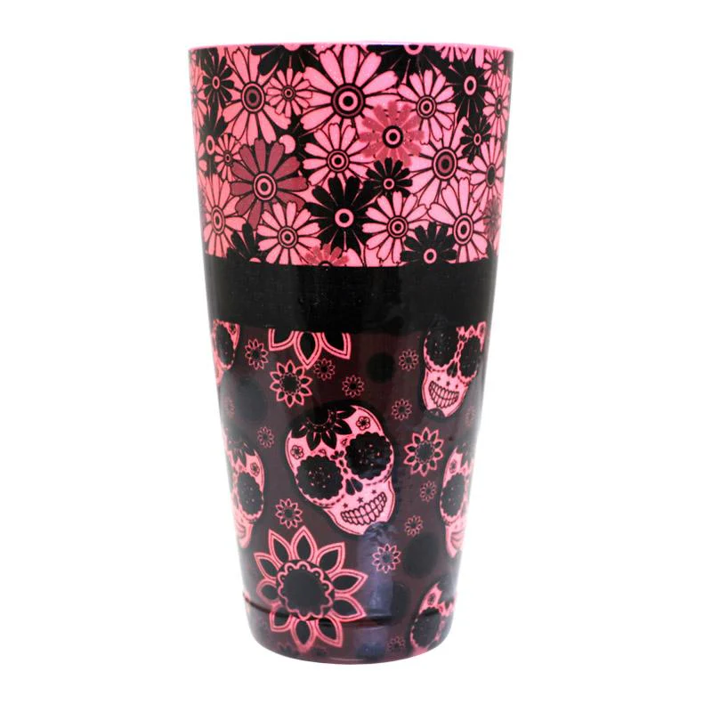 Printed Cocktail Shaker Tin - NEON Pink Glitter Floral Skulls - 28 ounce Weighted