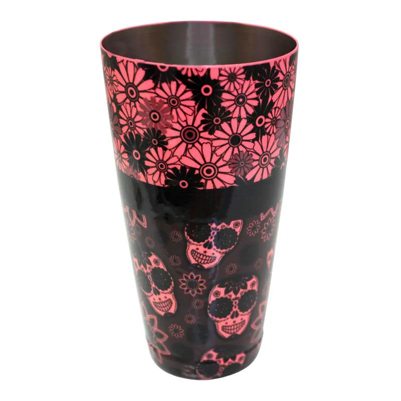 Printed Cocktail Shaker Tin - NEON Pink Glitter Floral Skulls - 28 ounce Weighted - Image 2