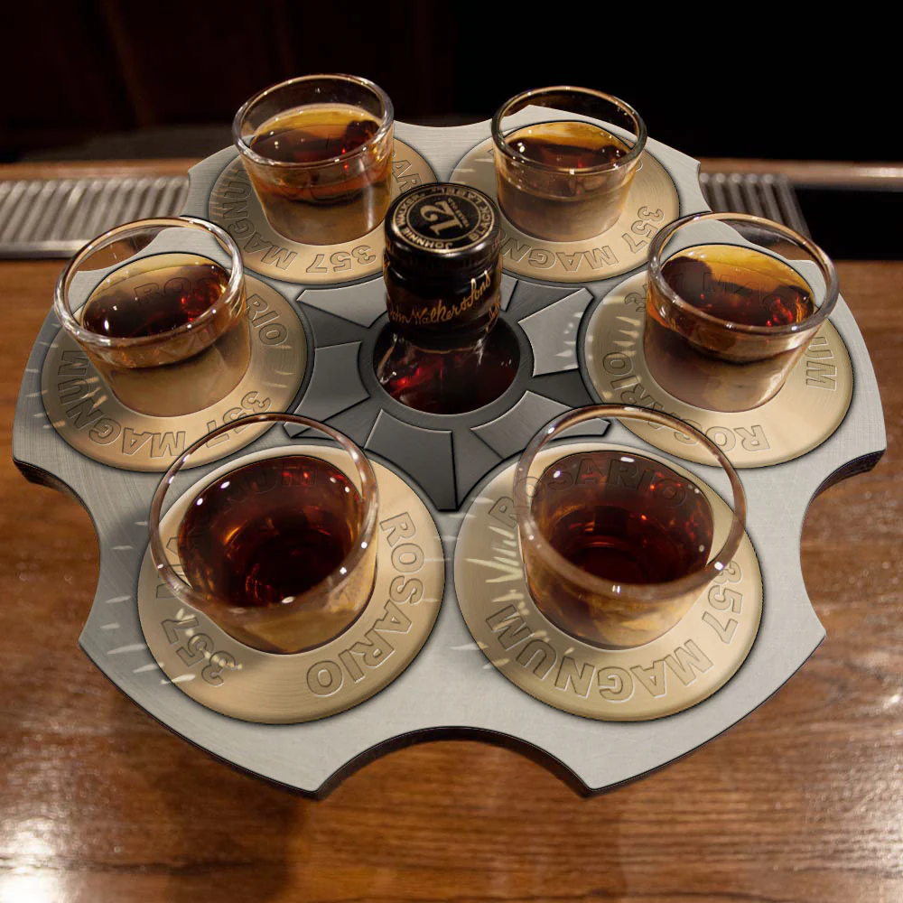 CUSTOMIZABLE 6-Shooter Wood Shot Glass Caddy Tray and Bottle Topper - "Revolver Cylinder" (2 Colors Available!) - Image 2