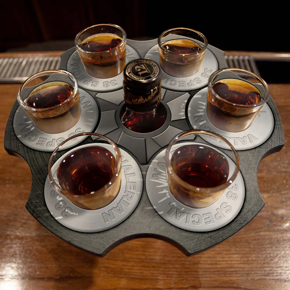 CUSTOMIZABLE 6-Shooter Wood Shot Glass Caddy Tray and Bottle Topper - "Revolver Cylinder" (2 Colors Available!) - Image 5