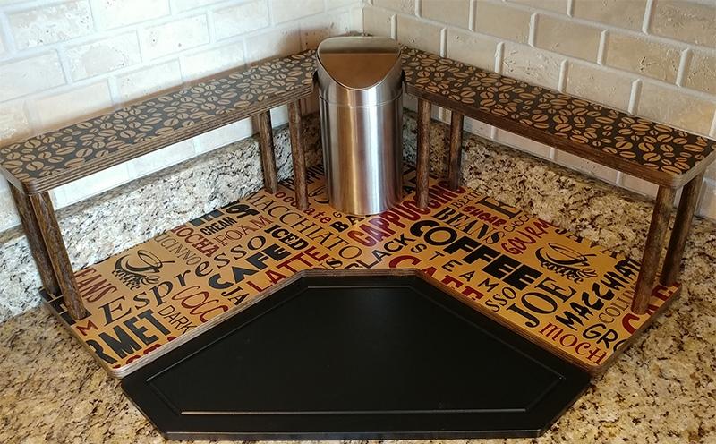 Counter Caddies™ - BARISTA Theme - CORNER Shelf w/ Trash Can Inset - Image 3