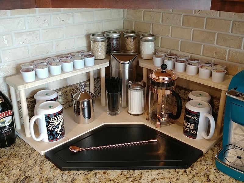 Counter Caddies™ - NATURAL - CORNER Shelf w/ K-CUP Holes & Trash Can Inset - Image 2