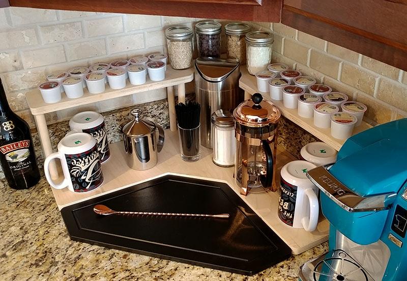 Counter Caddies™ - NATURAL - CORNER Shelf w/ K-CUP Holes & Trash Can Inset - Image 4