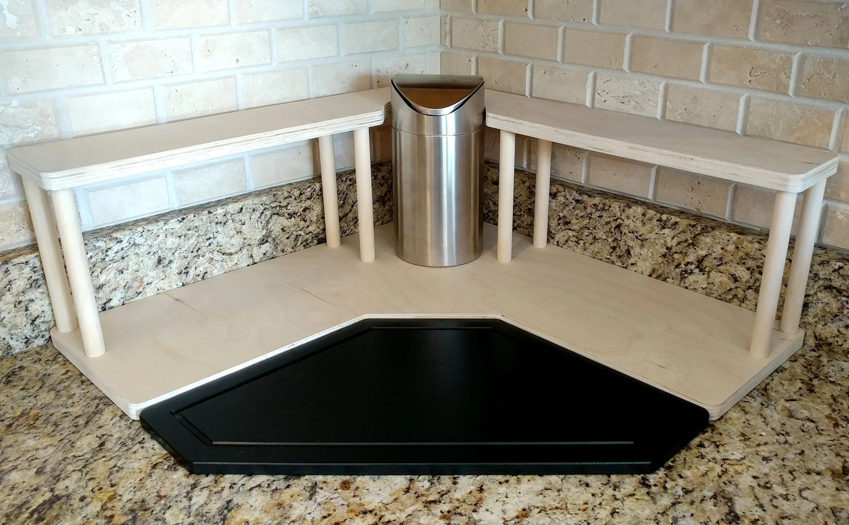 Counter Caddies™ - NATURAL - CORNER Shelf w/ Trash Can Inset - Image 4