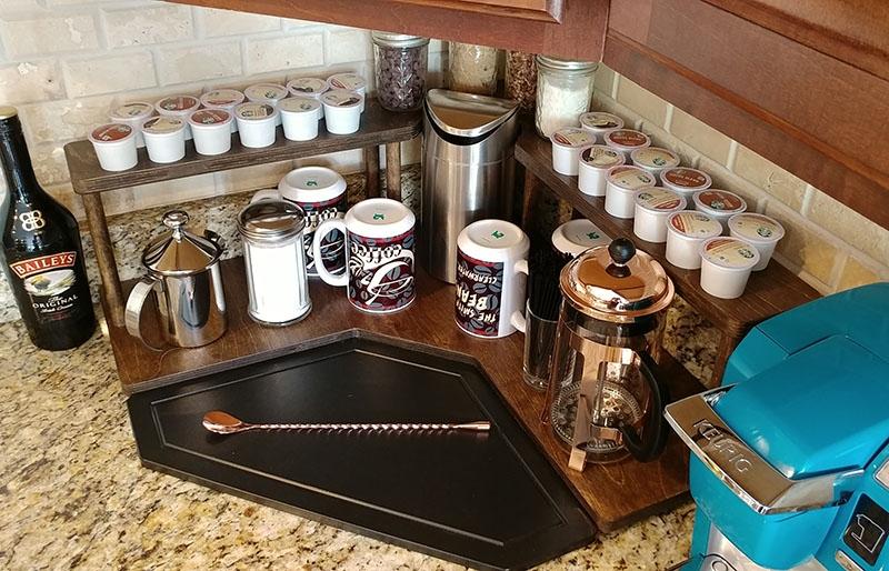 Counter Caddies™ - Stained Finish - CORNER Shelf w/ K-CUP Holes & Trash Can Inset - Image 2