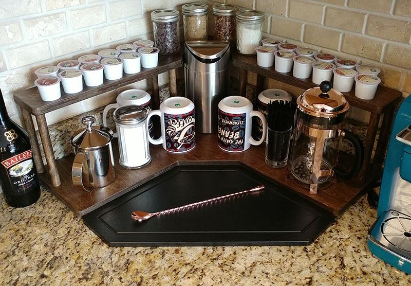 Counter Caddies™ - Stained Finish - CORNER Shelf w/ K-CUP Holes & Trash Can Inset - Image 3