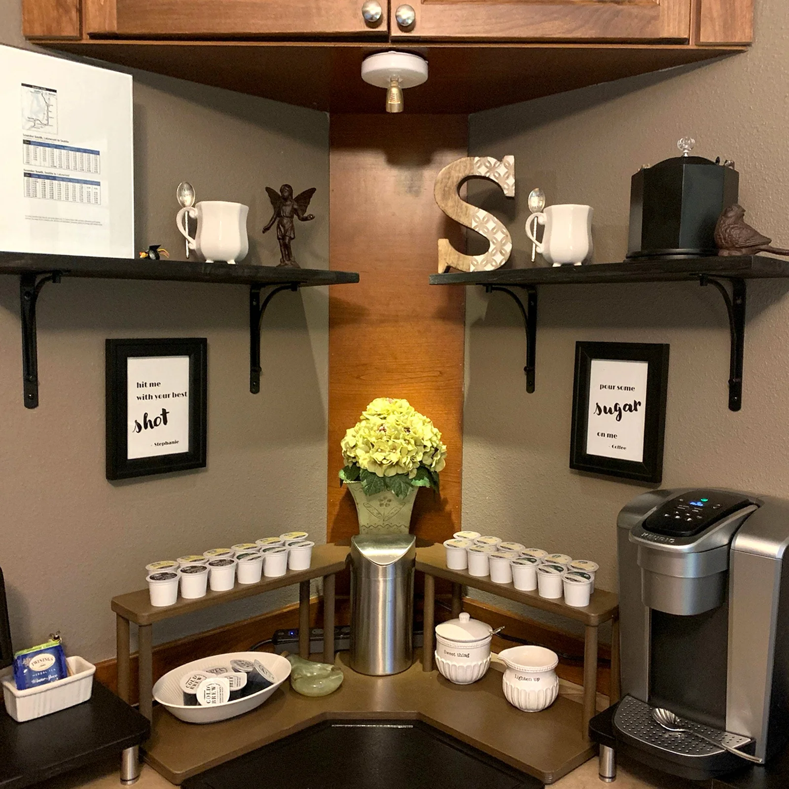 Counter Caddies™ - Stained Finish - CORNER Shelf w/ K-CUP Holes & Trash Can Inset - Image 9