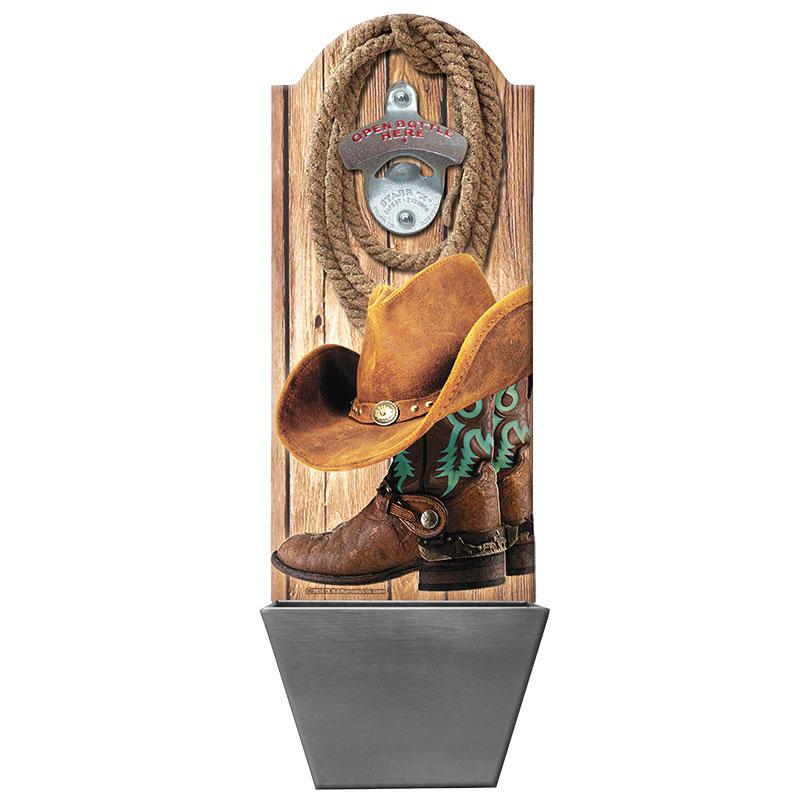 Cowboy Boots & Hat – Wall Mounted Wood Plaque Bottle Opener and Cap Catcher