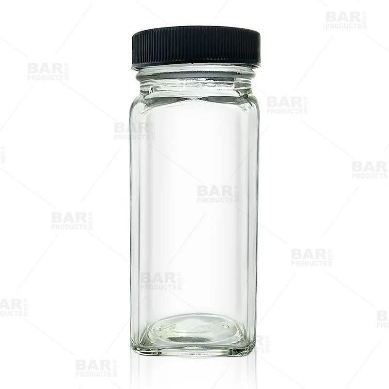 Craft Bartending Jar with Black Lid - French Square Style - 4 oz / 118ml
