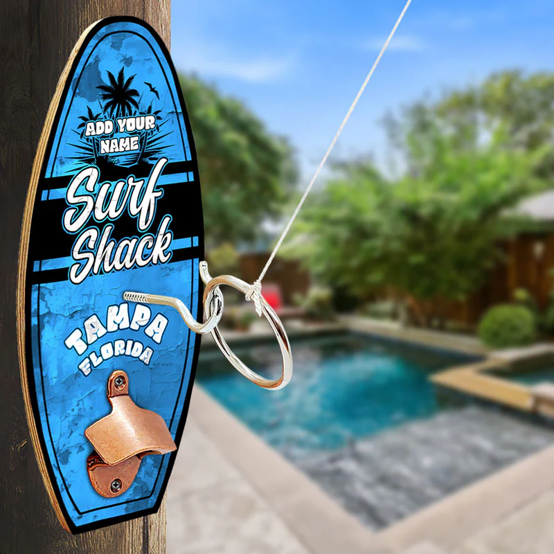 Custom Wall Surfboard Mounted Ring Toss Game W/ Bottle Opener - Surf Shack Design - Multiple Colors - Image 4