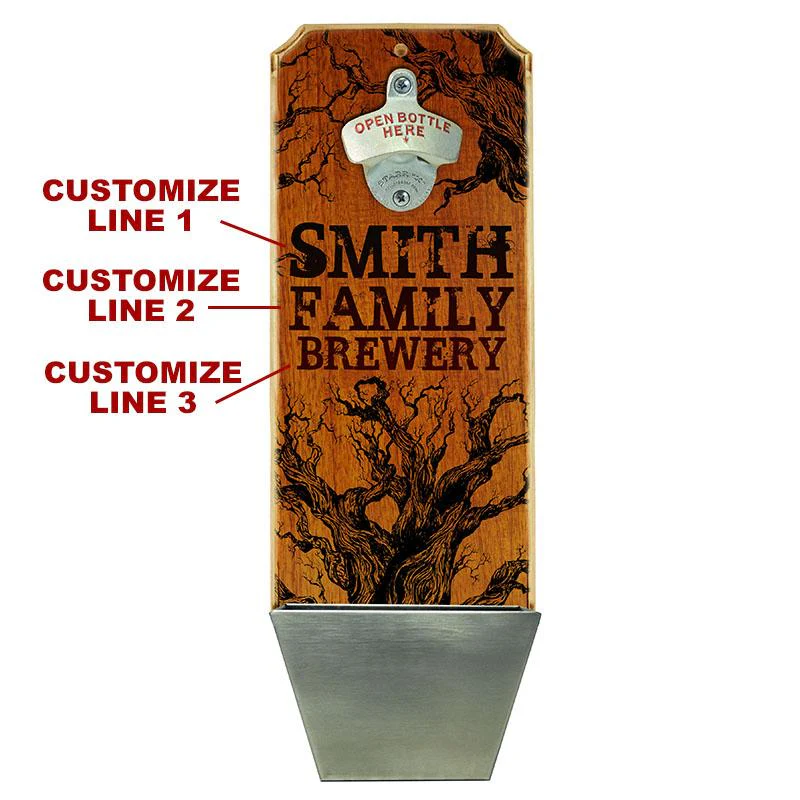 Custom Wall Mounted Wood Plaque Bottle Opener and Cap Catcher - Family Brewery - Image 2