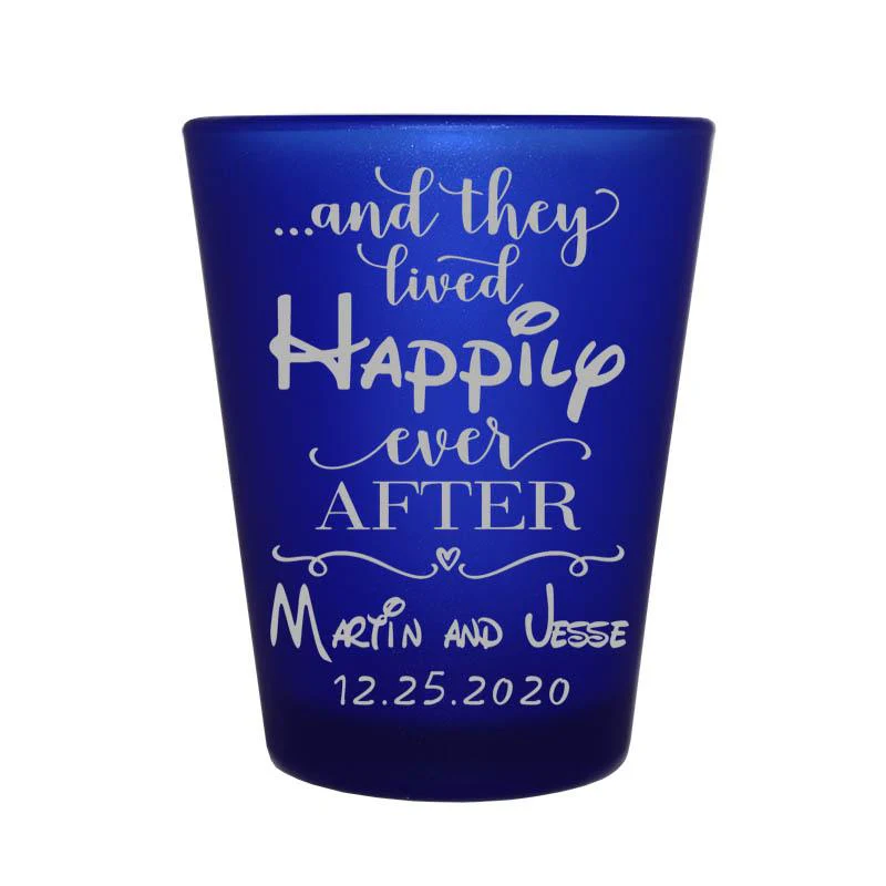 CUSTOMIZABLE Blue Frosted Shot Glass - 1.5 ounce - Happily Ever After